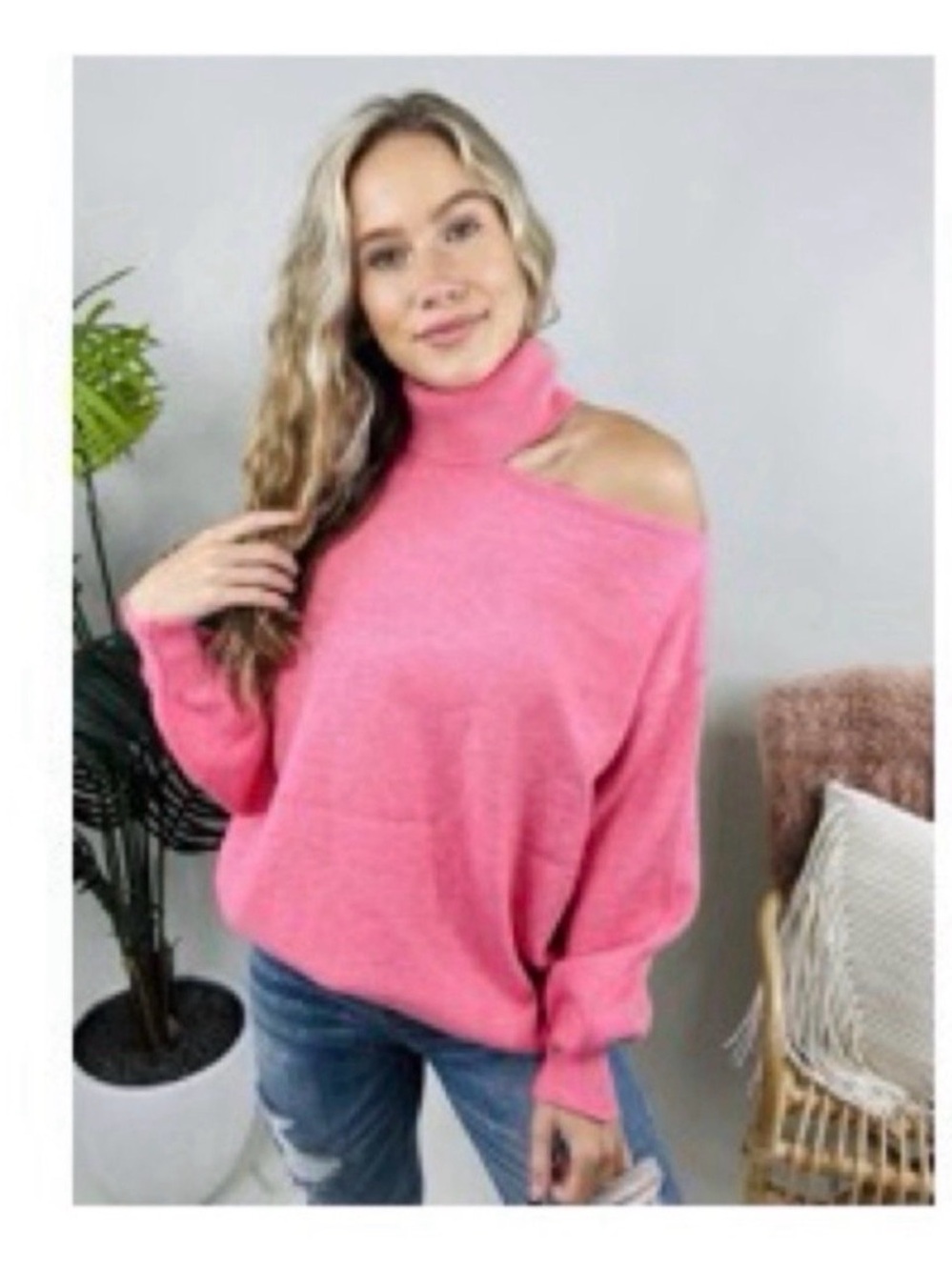 white birch Pink One-Shoulder Turtleneck Sweater